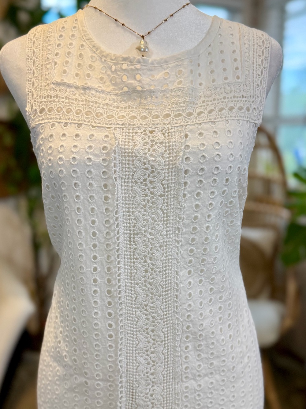 100% Cotton White Eyelet Sundress Romantic Sorority Rush Dress Knee Length - Picture 4 of 9
